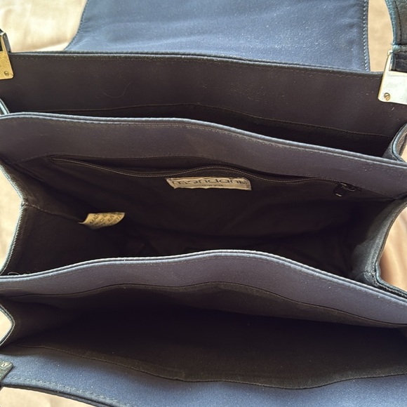 Mondani Navy Peau De Soie Fabric & Leather Structured Sections Bag Silver Accent - Picture 11 of 13